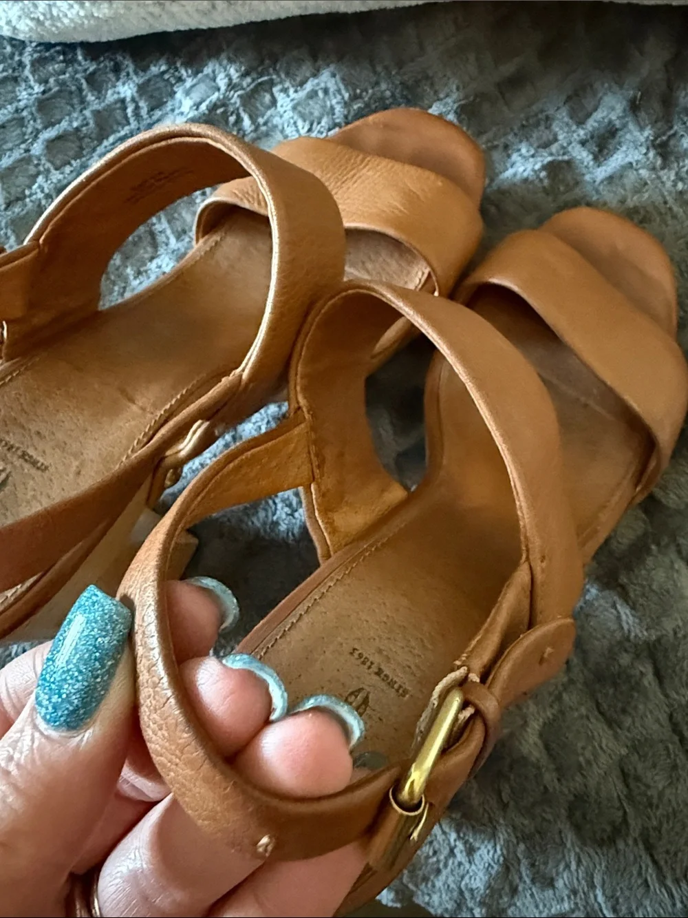 Frye Tan Leather Platform Wedge Sandals